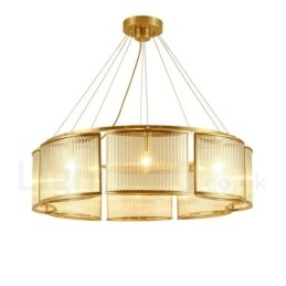 Lámpara colgante de latón rústico retro de 8 luces con pantalla de cristal
