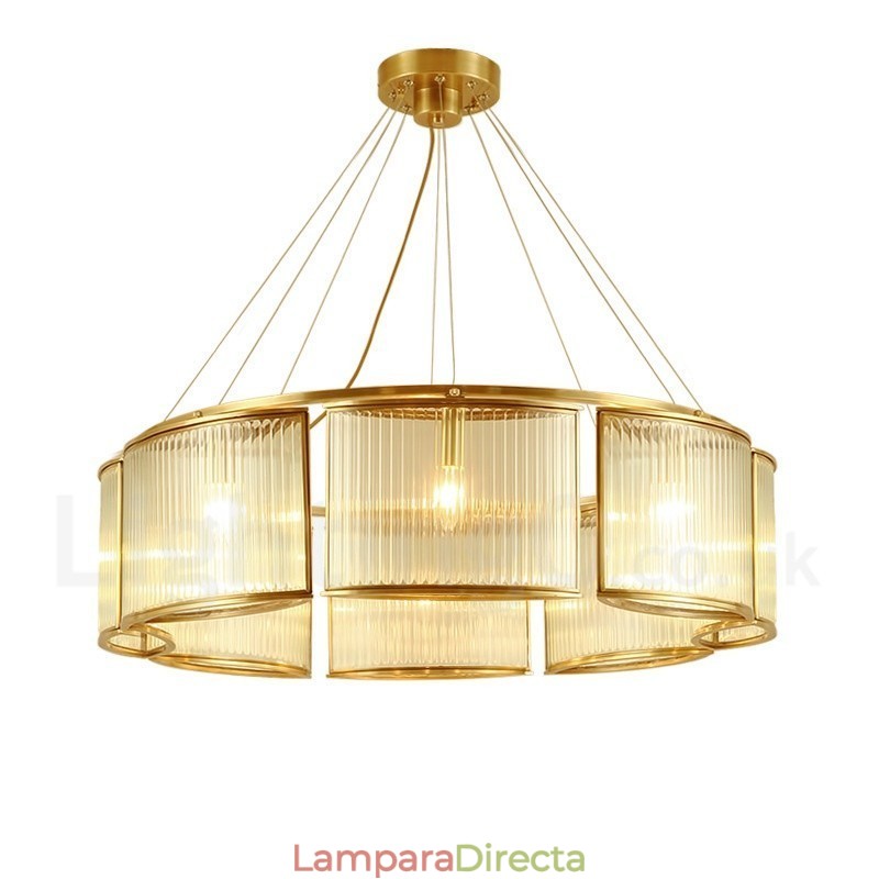 Lámpara colgante de latón rústico retro de 8 luces con pantalla de cristal