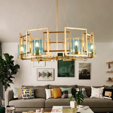Lámpara colgante de latón rústico retro de 6 luces con pantalla de cristal Lámpara colgante de latón rústico retro de 6 luces con pantalla de cristal