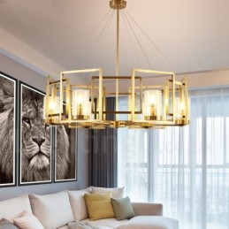 Lámpara colgante de latón rústico retro de 6 luces con pantalla de cristal