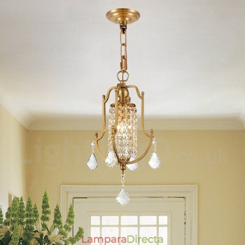 Lámpara colgante de latón rústico retro de lujo de 1 luz con pantalla de cristal