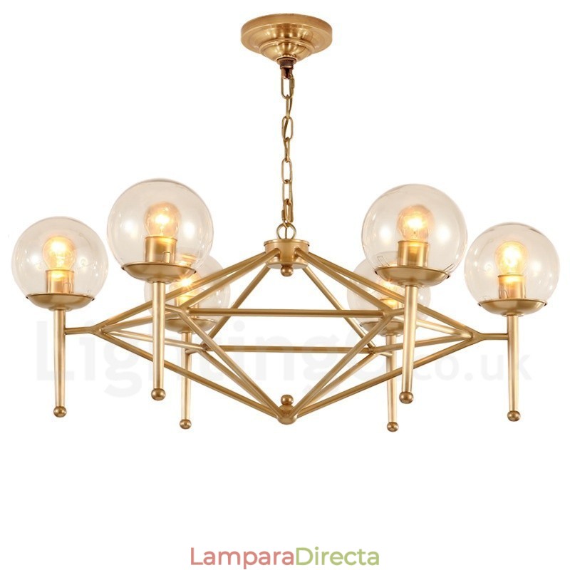 Lámpara colgante de latón rústico retro de 6 luces con pantalla de cristal
