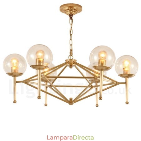 Lámpara colgante de latón rústico retro de 6 luces con pantalla de cristal Lámpara colgante de latón rústico retro de 6 luces con pantalla de cristal