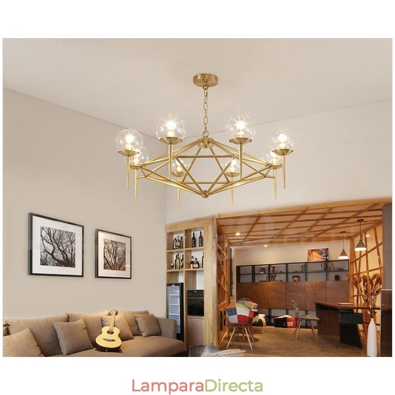 Lámpara colgante de latón rústico retro de 6 luces con pantalla de cristal