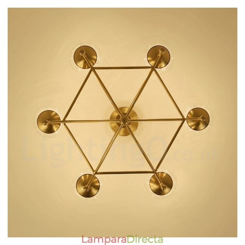 Lámpara colgante de latón rústico retro de 6 luces con pantalla de cristal