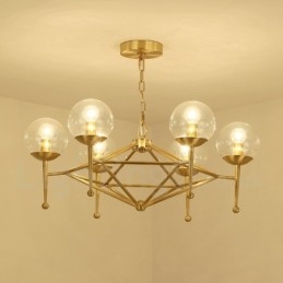 Lámpara colgante de latón rústico retro de 6 luces con pantalla de cristal