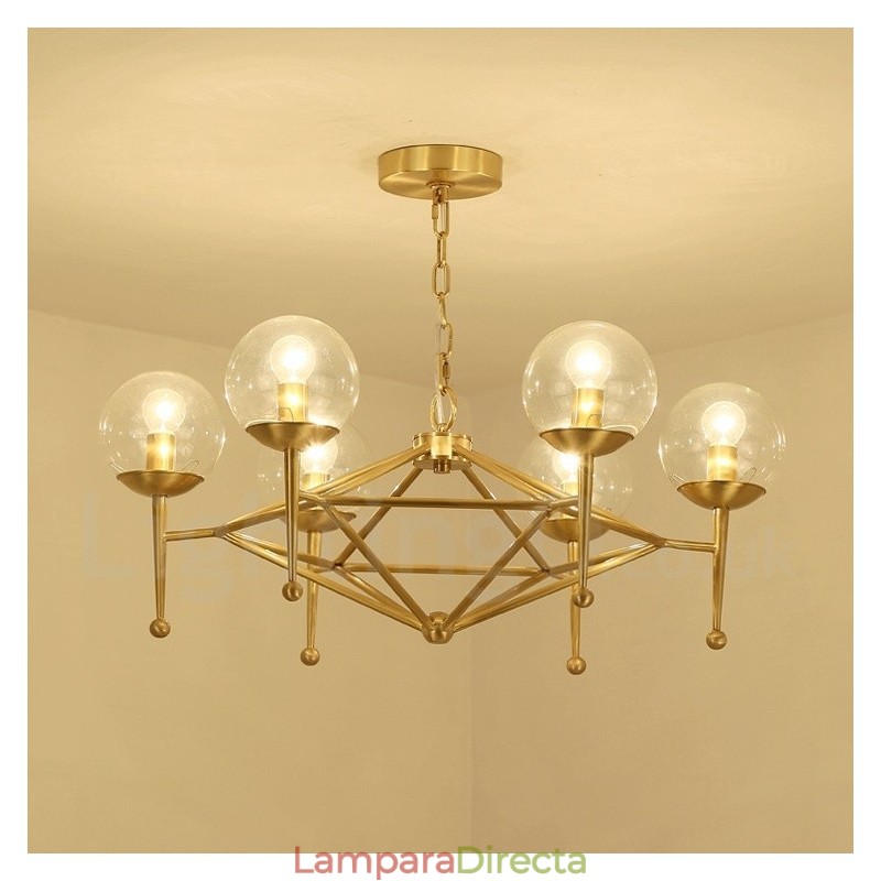 Lámpara colgante de latón rústico retro de 6 luces con pantalla de cristal