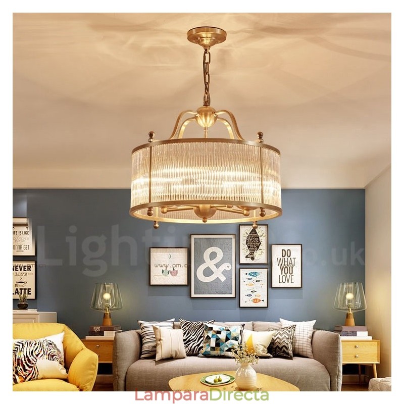 Lámpara colgante de latón rústico retro de 5 luces con pantalla de cristal