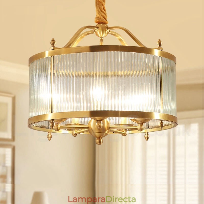 Lámpara colgante de latón rústico retro de 5 luces con pantalla de cristal