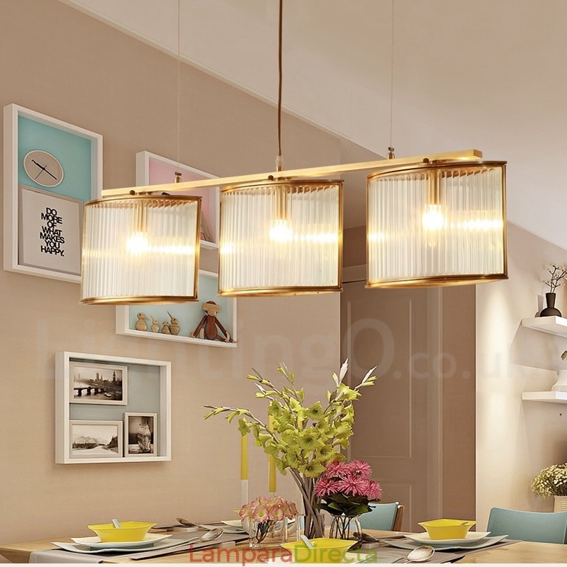 Lámpara colgante de latón rústico retro de 3 luces con pantalla de cristal
