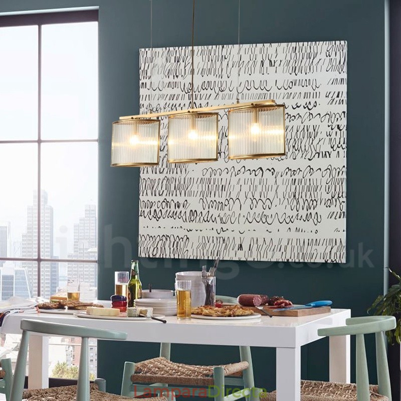 Lámpara colgante de latón rústico retro de 3 luces con pantalla de cristal