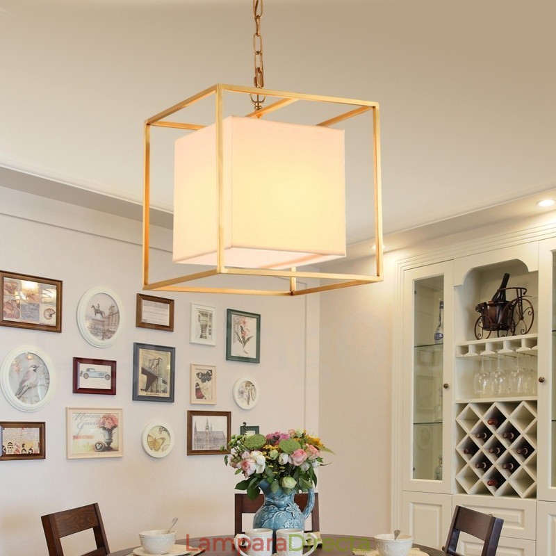 Lámpara colgante de latón rústico retro de lujo de 1 luz con pantalla de tela