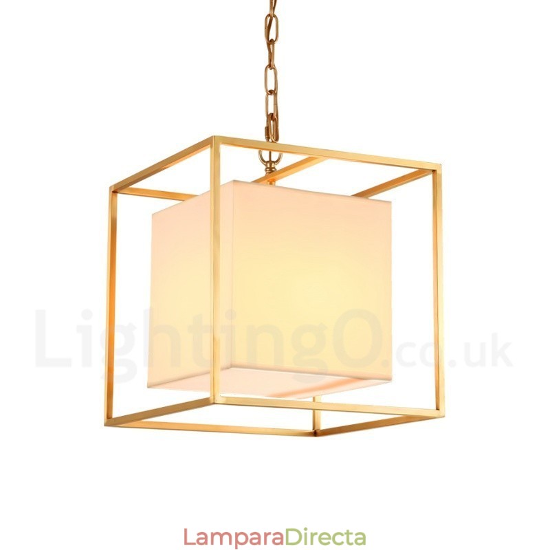 Lámpara colgante de latón rústico retro de lujo de 1 luz con pantalla de tela