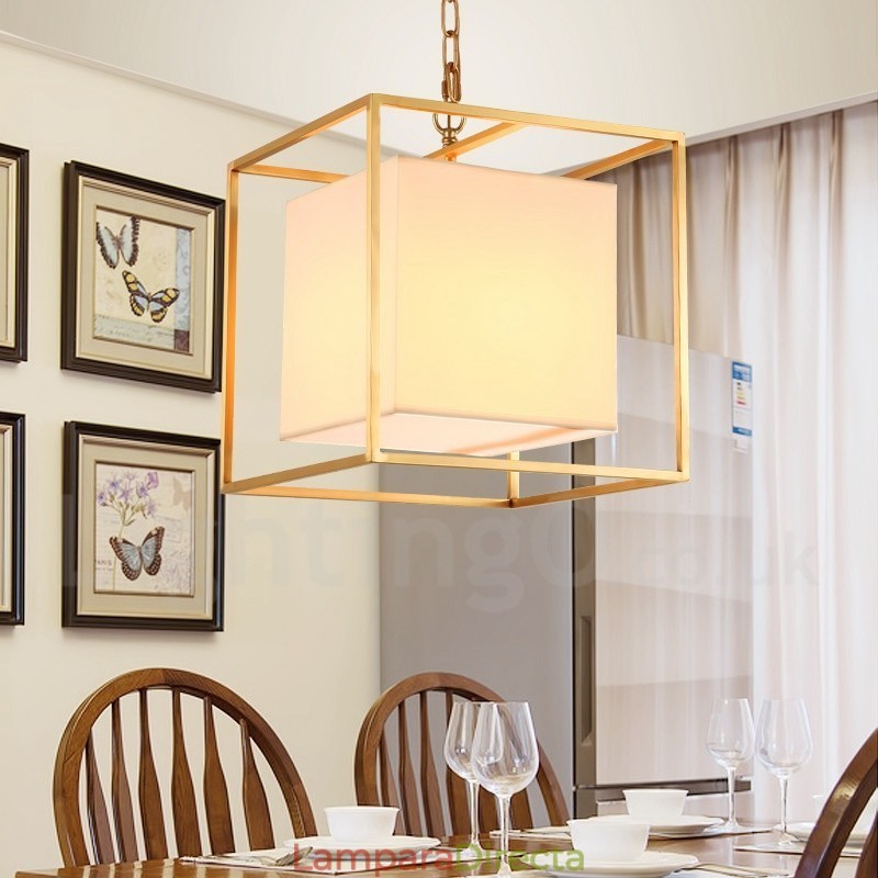 Lámpara colgante de latón rústico retro de lujo de 1 luz con pantalla de tela