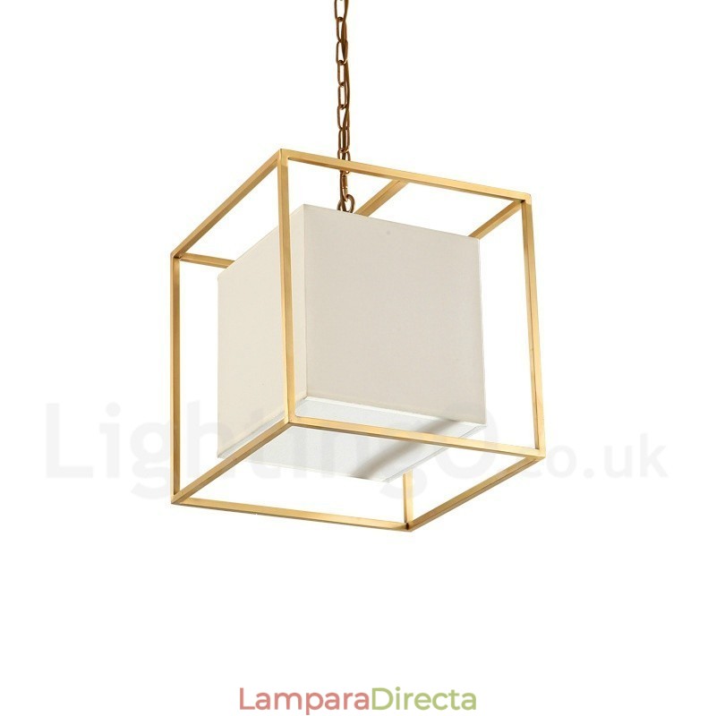 Lámpara colgante de latón rústico retro de lujo de 1 luz con pantalla de tela