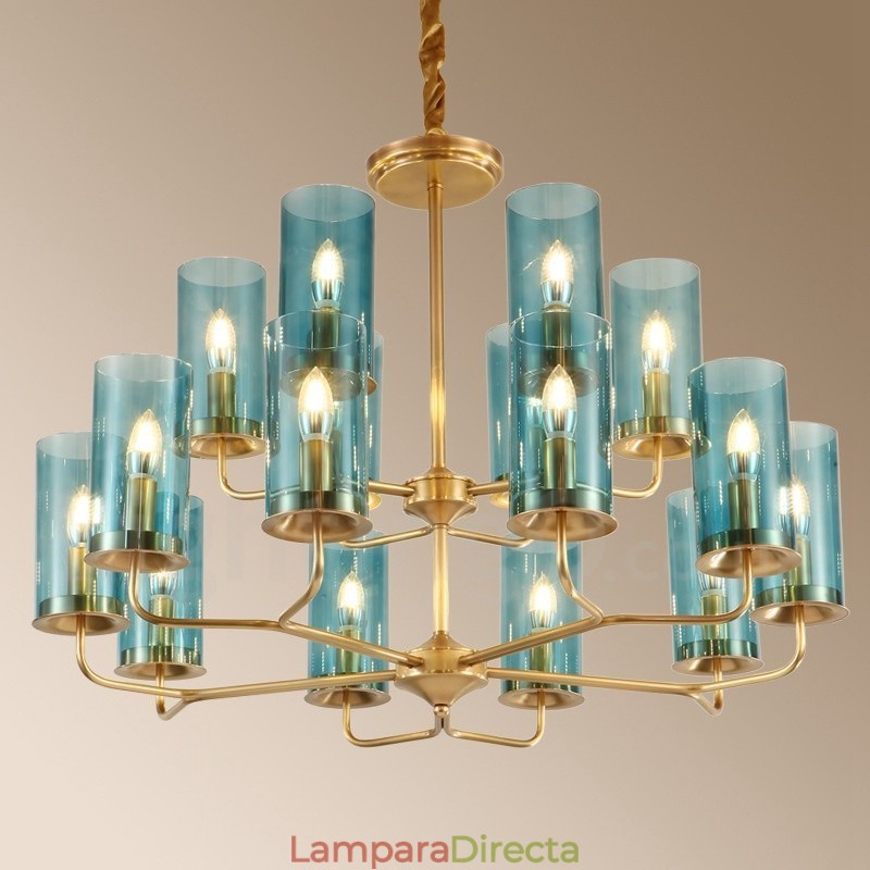 Lámpara colgante de latón rústico retro de lujo de 16 luces con pantalla de cristal