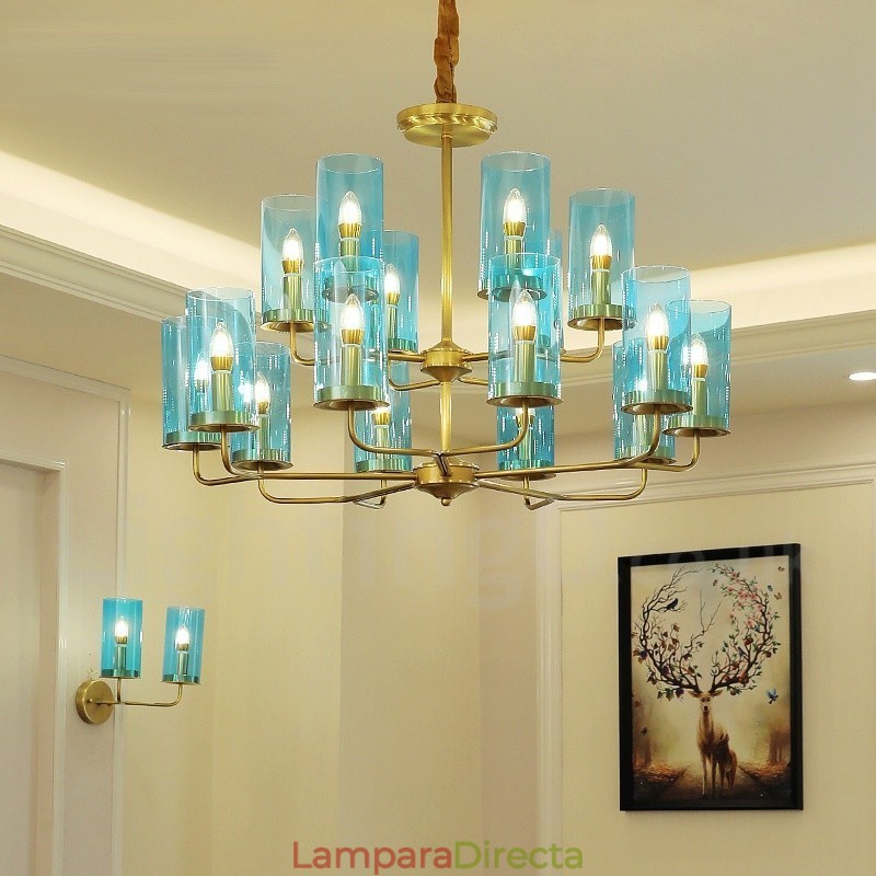 Lámpara colgante de latón rústico retro de lujo de 16 luces con pantalla de cristal