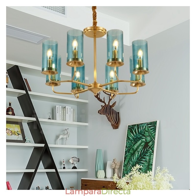 Lámpara colgante de latón rústico retro de 8 luces con pantalla de cristal