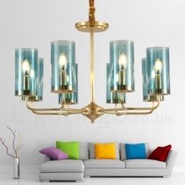 Lámpara colgante de latón rústico retro de 8 luces con pantalla de cristal
