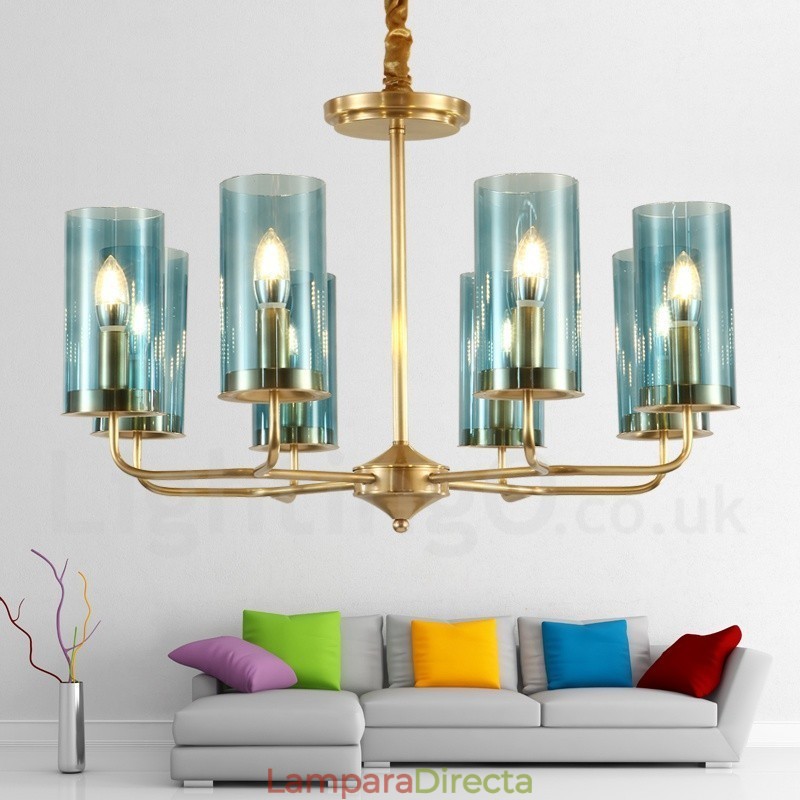 Lámpara colgante de latón rústico retro de 8 luces con pantalla de cristal