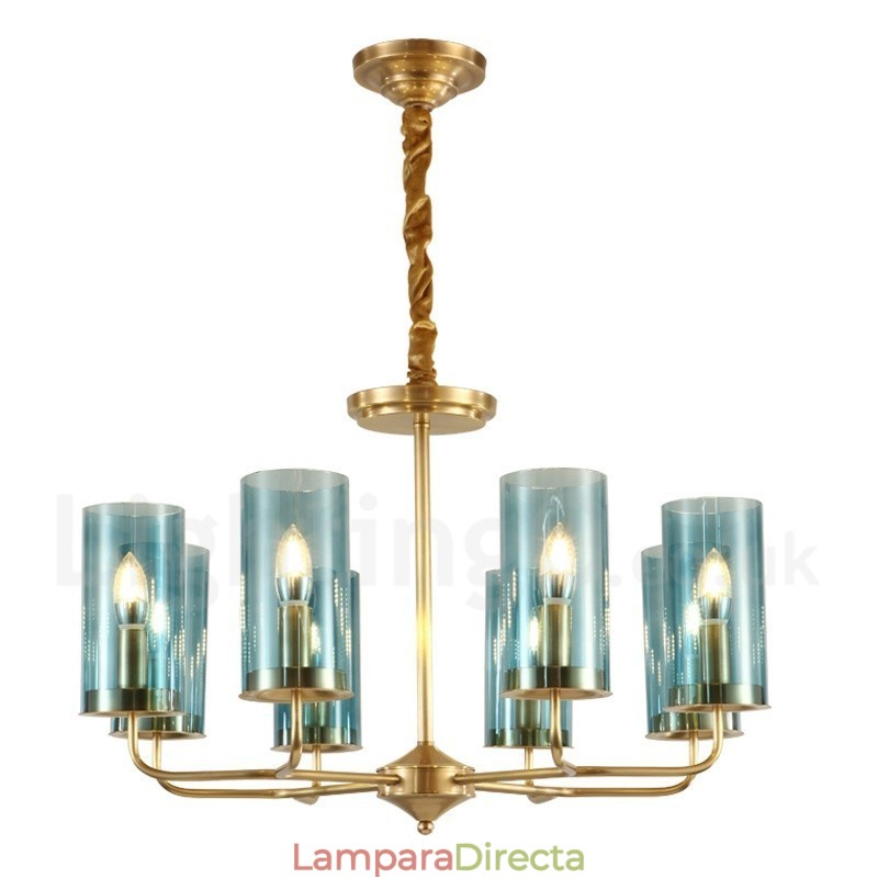 Lámpara colgante de latón rústico retro de 8 luces con pantalla de cristal