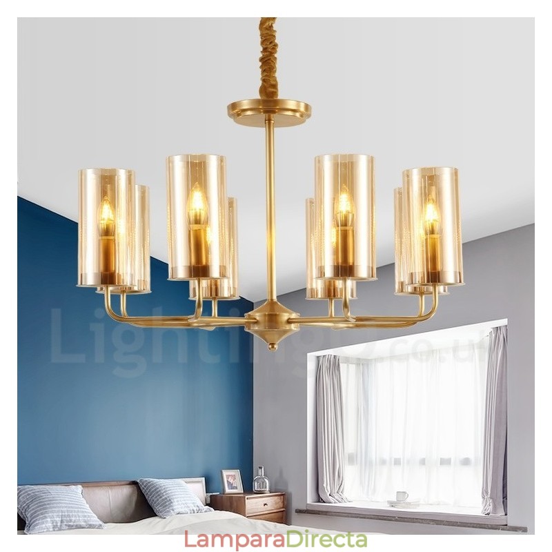 Lámpara colgante de latón rústico retro de 8 luces con pantalla de cristal