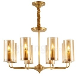 Lámpara colgante de latón rústico retro de 8 luces con pantalla de cristal
