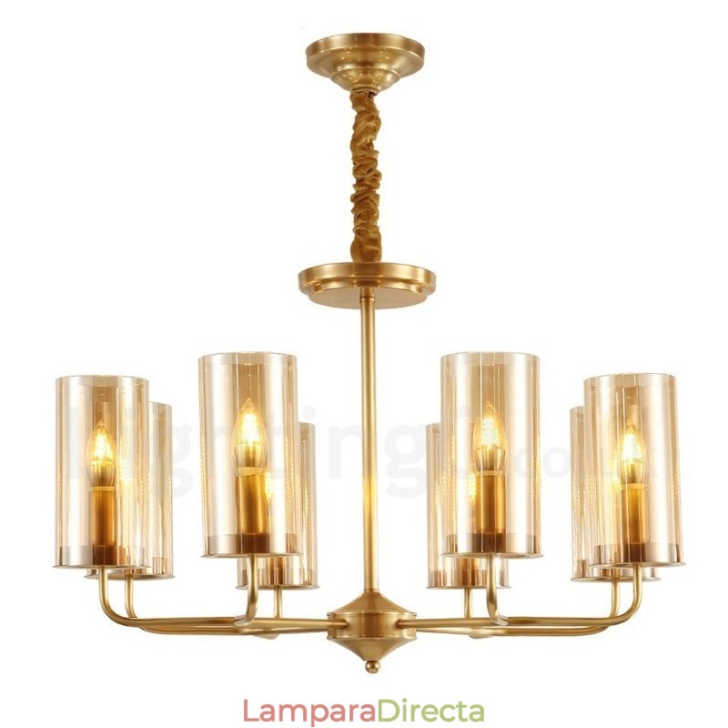 Lámpara colgante de latón rústico retro de 8 luces con pantalla de cristal