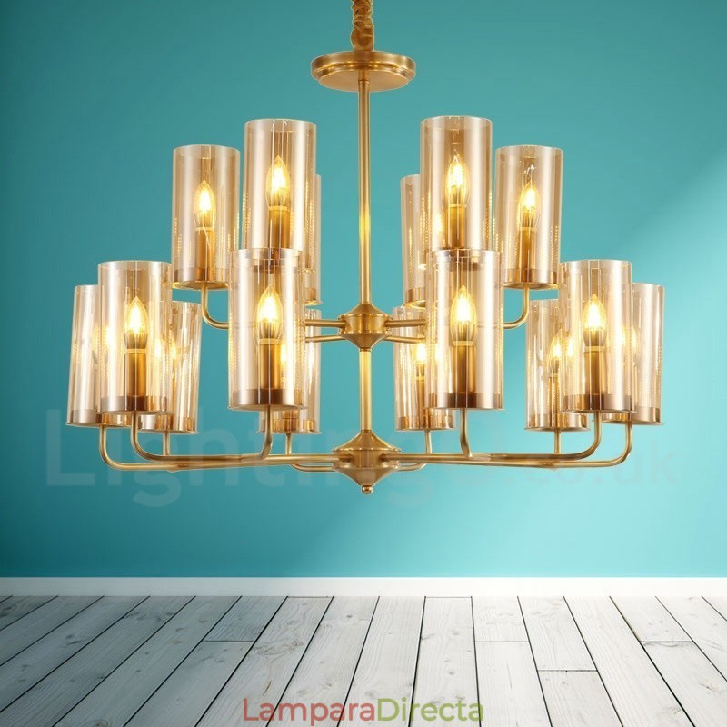 Lámpara colgante de latón rústico retro de lujo de 16 luces con pantalla de cristal