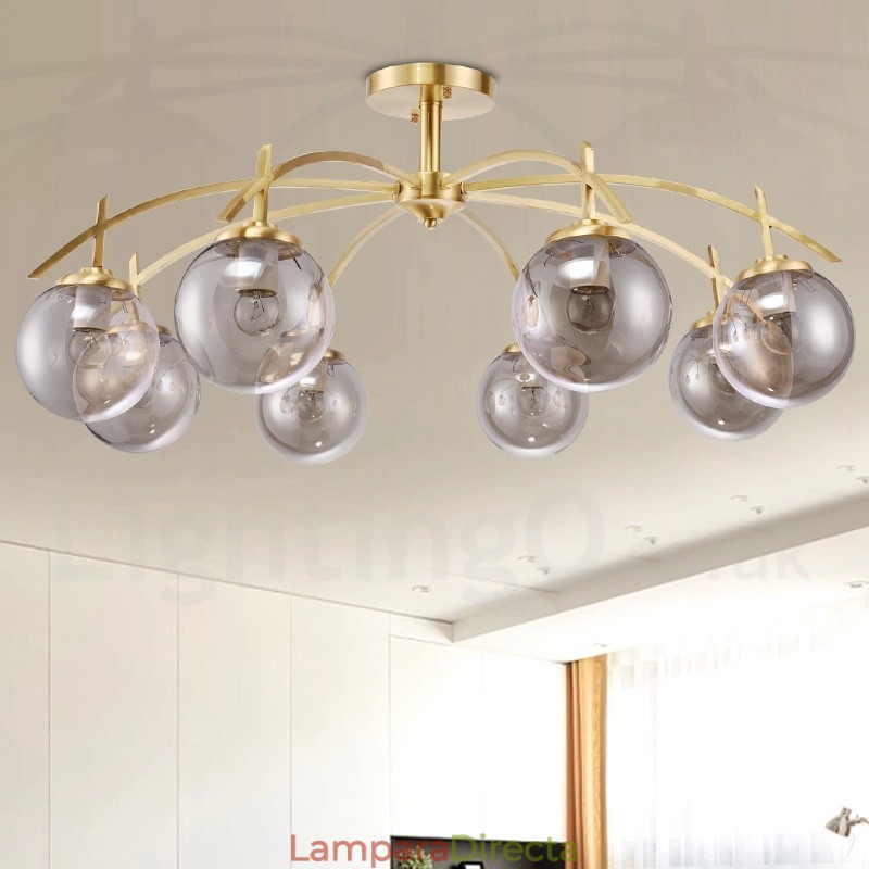 Lámpara colgante de latón rústico retro de 8 luces con pantalla de cristal