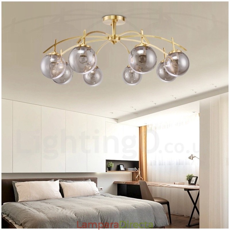 Lámpara colgante de latón rústico retro de 8 luces con pantalla de cristal