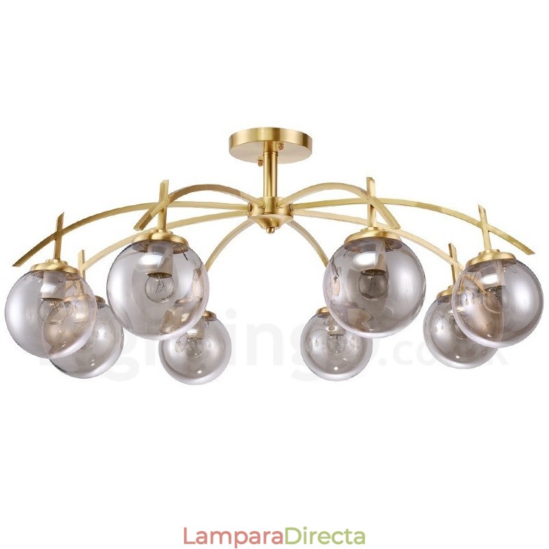 Lámpara colgante de latón rústico retro de 8 luces con pantalla de cristal
