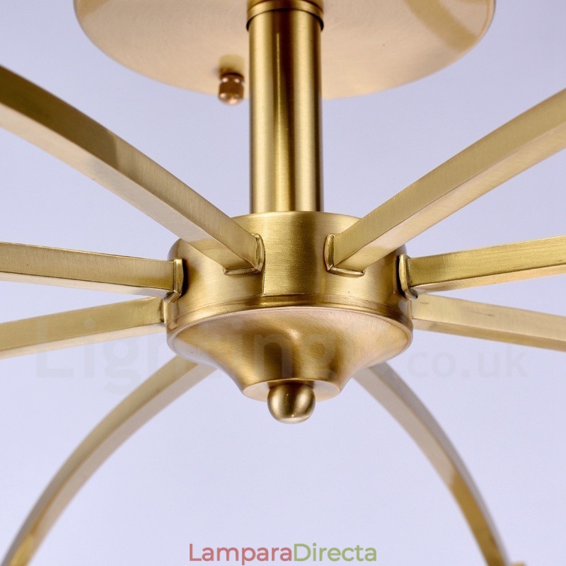Lámpara colgante de latón rústico retro de 8 luces con pantalla de cristal