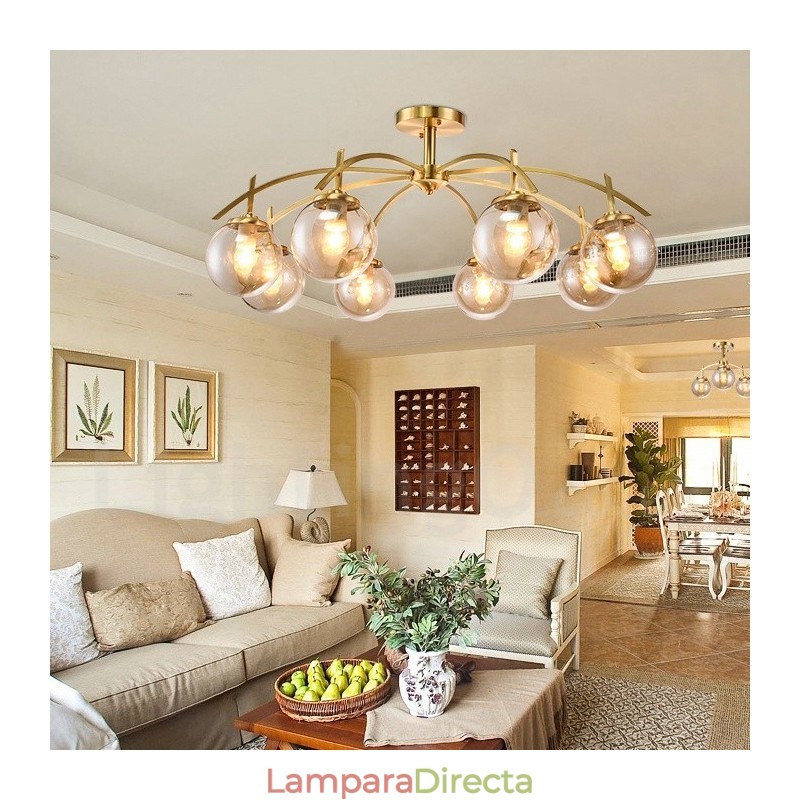 Lámpara colgante de latón rústico retro de 8 luces con pantalla de cristal