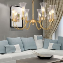 Lámpara colgante de latón rústico retro de 8 luces con pantalla de cristal