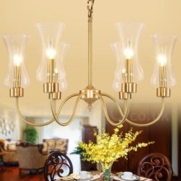Lámpara colgante de latón rústico retro de 6 luces con pantalla de cristal