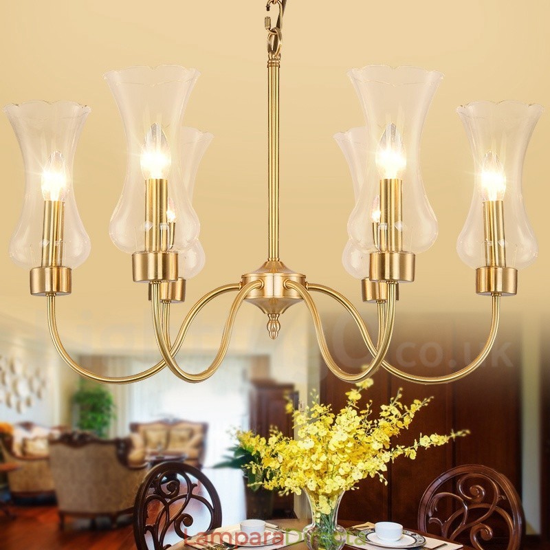 Lámpara colgante de latón rústico retro de 6 luces con pantalla de cristal