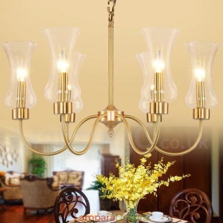 Lámpara colgante de latón rústico retro de 6 luces con pantalla de cristal Lámpara colgante de latón rústico retro de 6 luces con pantalla de cristal