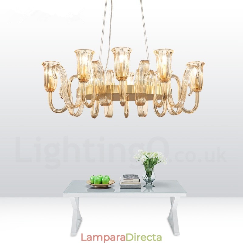 Lámpara colgante de aleación de aluminio de lujo, estilo rústico retro, de 8 luces, con pantalla de cristal