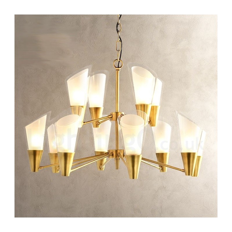 Lámpara colgante de latón rústico retro de lujo de 12 luces con pantalla de cristal