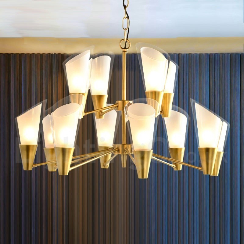 Lámpara colgante de latón rústico retro de lujo de 12 luces con pantalla de cristal
