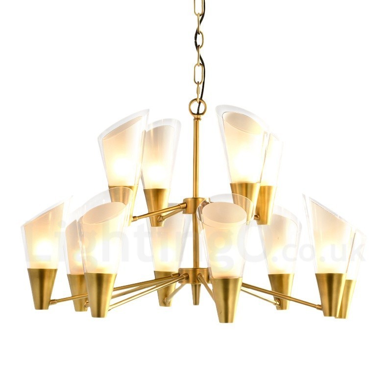 Lámpara colgante de latón rústico retro de lujo de 12 luces con pantalla de cristal