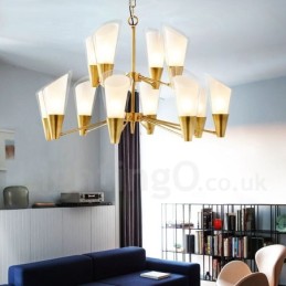 Lámpara colgante de latón rústico retro de lujo de 12 luces con pantalla de cristal