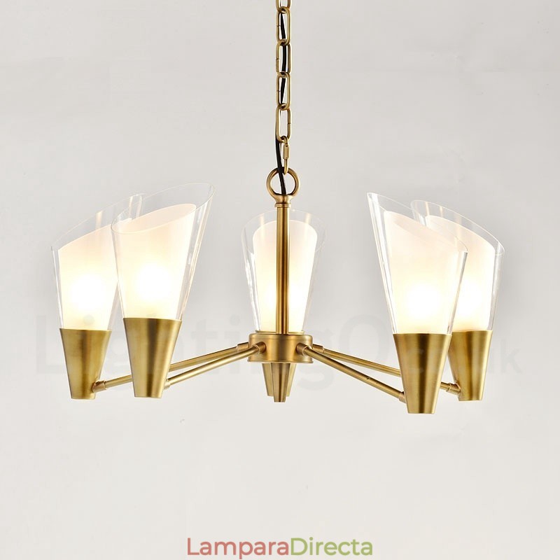 Lámpara colgante de latón rústico retro de 5 luces con pantalla de cristal