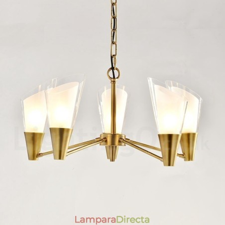 Lámpara colgante de latón rústico retro de 5 luces con pantalla de cristal Lámpara colgante de latón rústico retro de 5 luces con pantalla de cristal