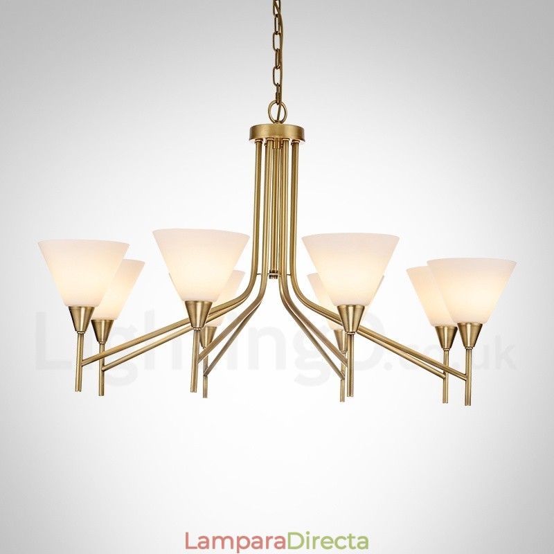 Lámpara colgante de latón rústico retro de 8 luces con pantalla de cristal