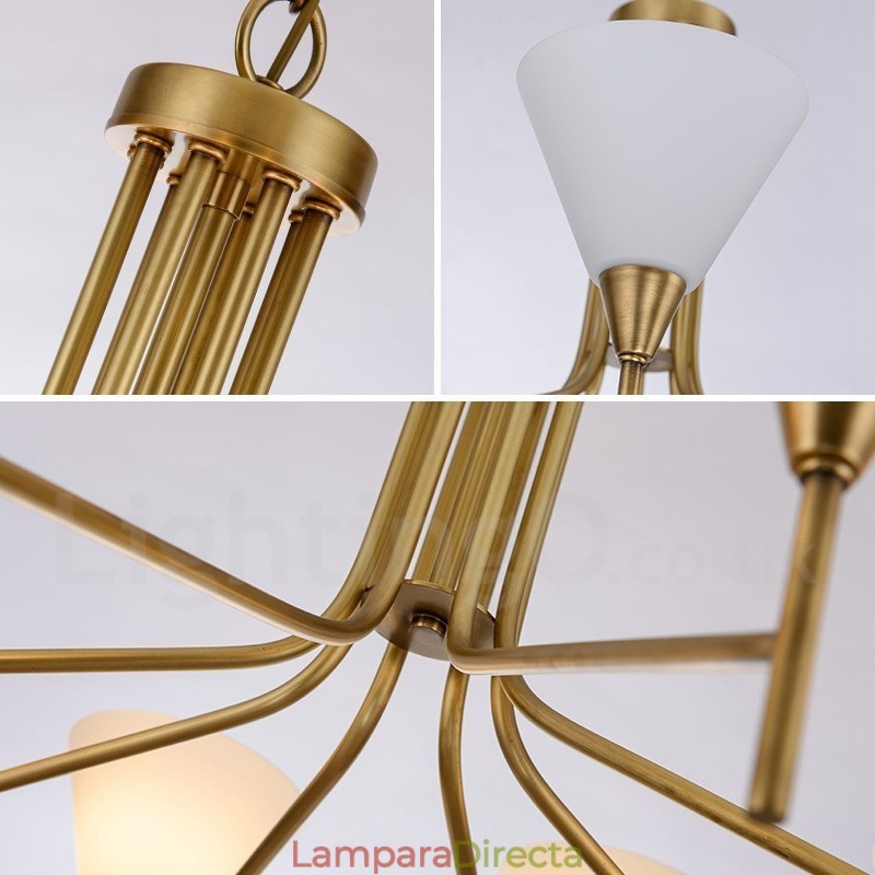 Lámpara colgante de latón rústico retro de 8 luces con pantalla de cristal