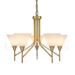 Lámpara colgante de latón rústico retro de 5 luces con pantalla de cristal