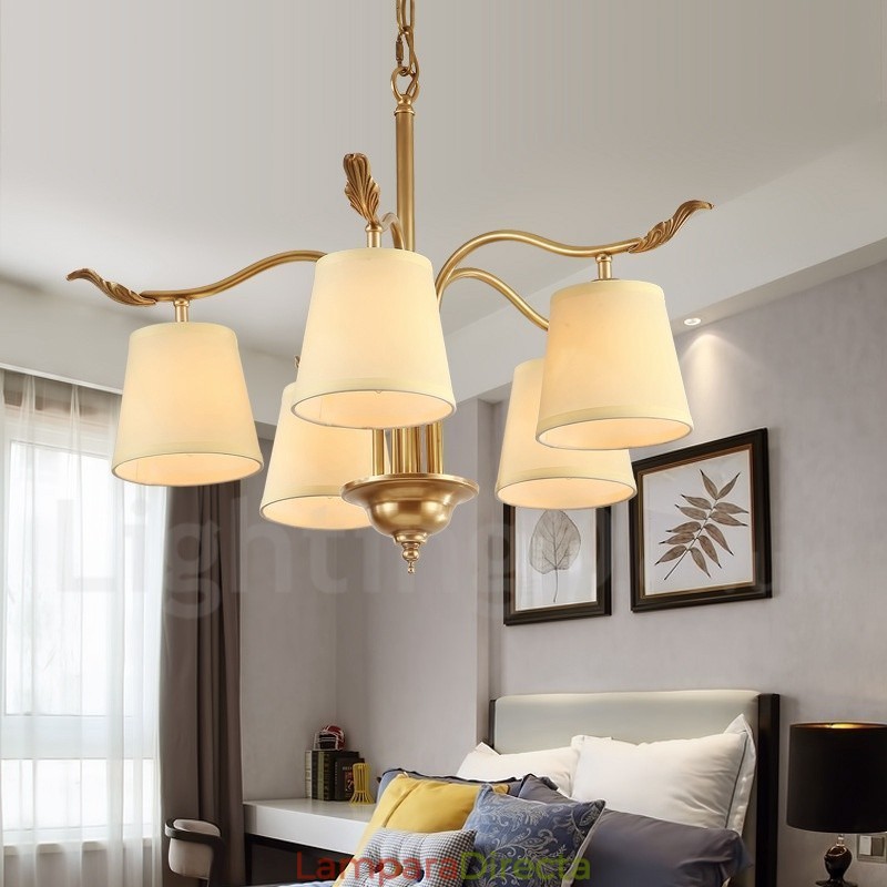 Lámpara colgante de latón rústico retro de 5 luces con pantalla de tela