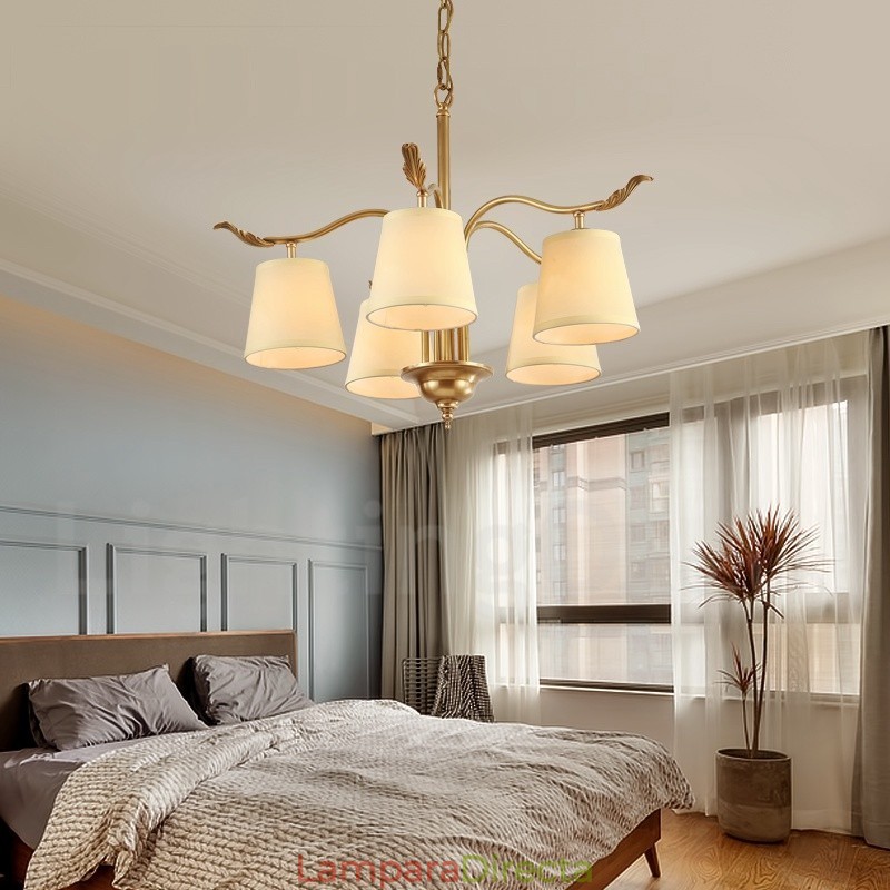 Lámpara colgante de latón rústico retro de 5 luces con pantalla de tela